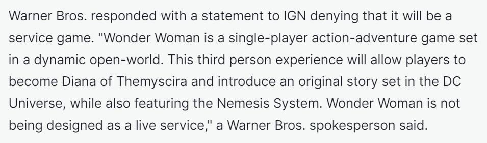 华纳官方回应：《神奇女侠》新作不是长期服务型游戏图片2