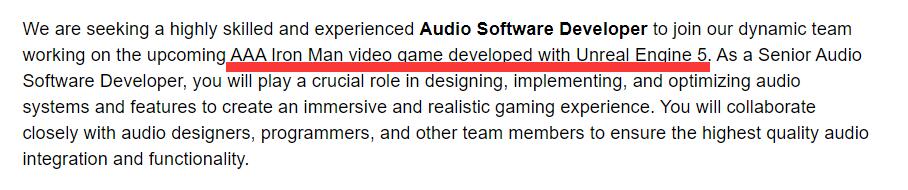 招聘信息显示：EA《钢铁侠》游戏采用虚幻5引擎开发图片2