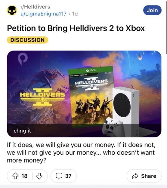 粉丝请愿希望《绝地潜兵2》登陆Xbox平台