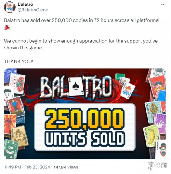 肉鸽卡牌游戏《Balatro》发售72小时内销量破25万份图片1