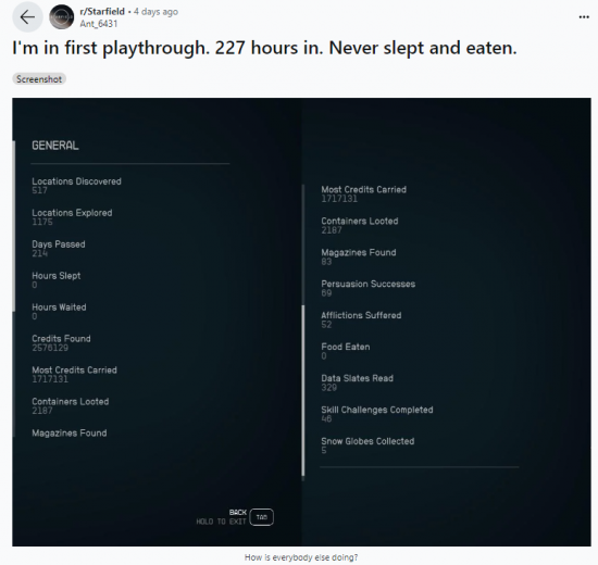 《星空》玩家玩227小时不让角色吃东西睡觉这是虐待！图片2