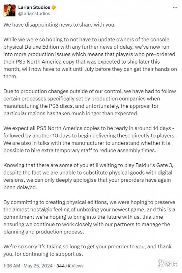 Larian宣布北美《博德之门3》实体版游戏将延期发货